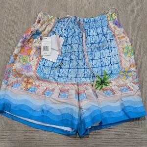 $820 Mens Casablanca "The Dive" Graphic Silk Shorts White/Blue/Multi Small